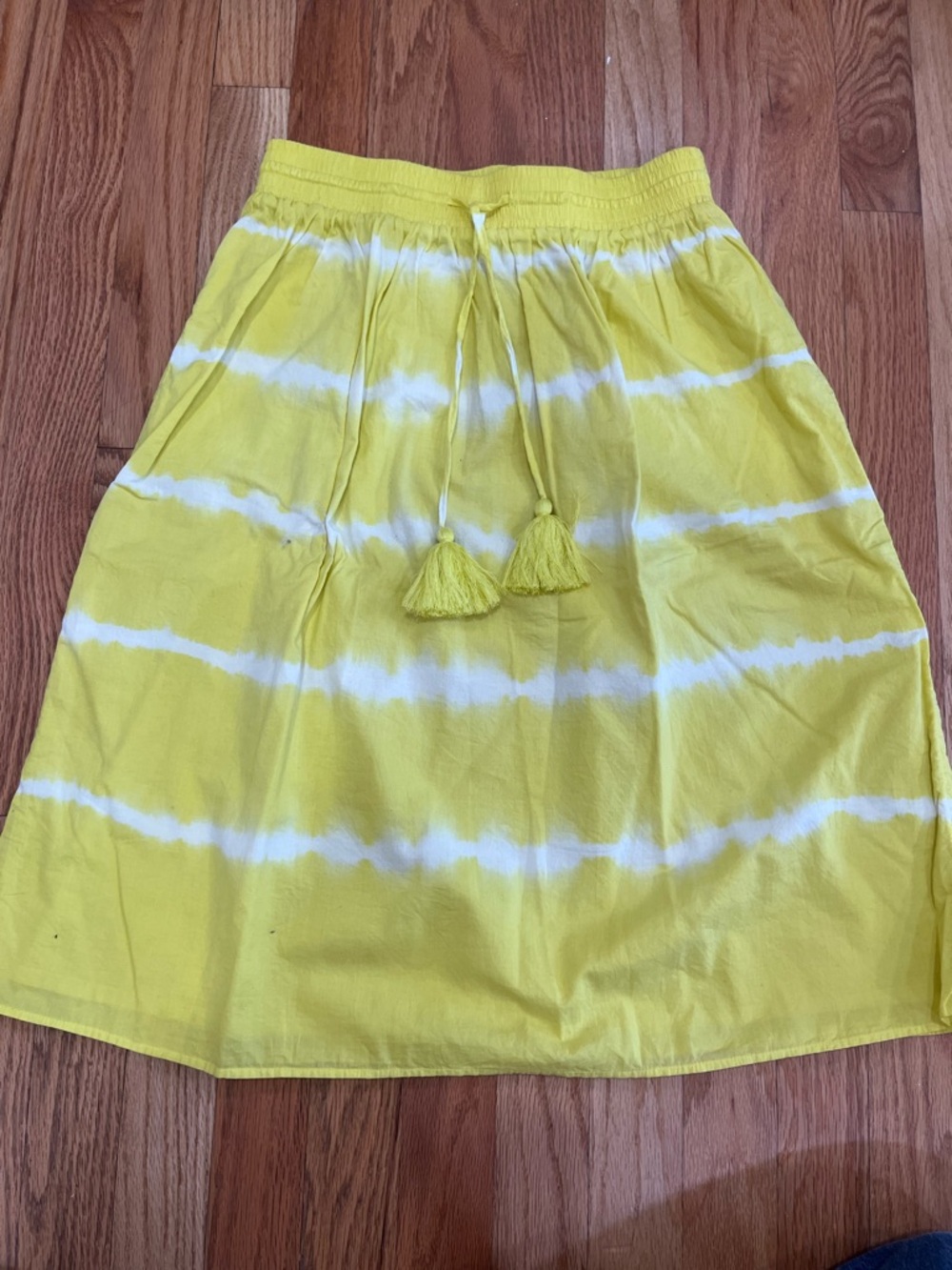 J. Crew Yellow and White Tie-Dye Midi Skirt with Tassel Drawstring